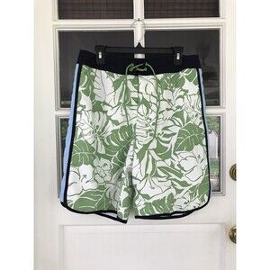 NAUTICA GREEN FLORAL BOARD SHORTS SWIM TRUNKS SZ 32 Mesh LINED Tie Waist Men’s